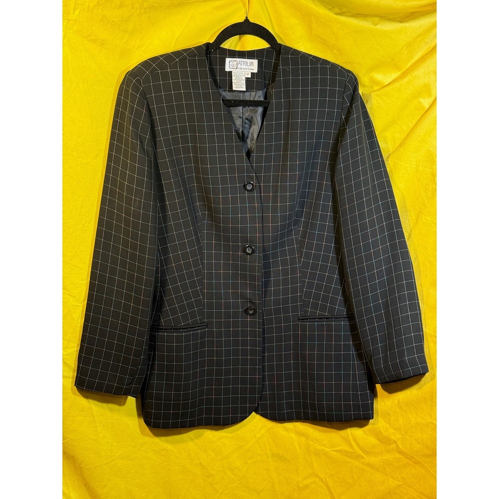 Atrium Collection Womens Black Grid Print Collarless Blazer Jacket Size 14